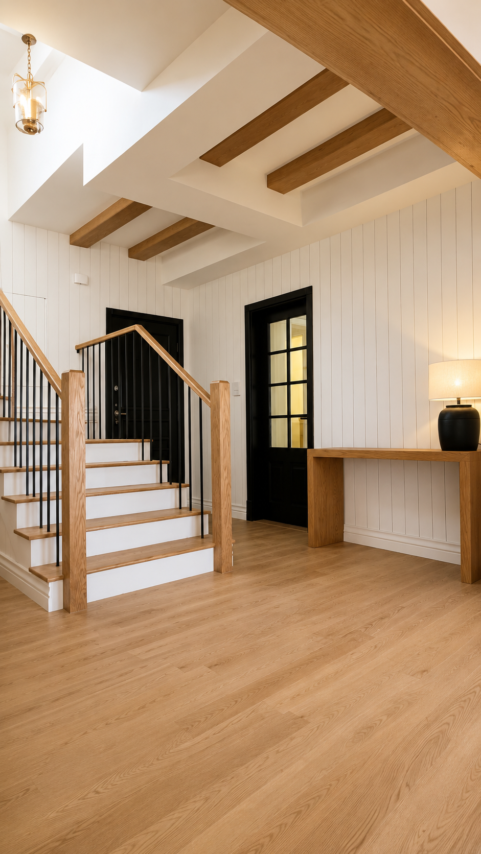 Interior view of a modern home entryway with wooden staircase, black front door, white paneled walls, wooden flooring, a wooden console table with a lamp, and a ceiling with wooden beams and a hanging light fixture.