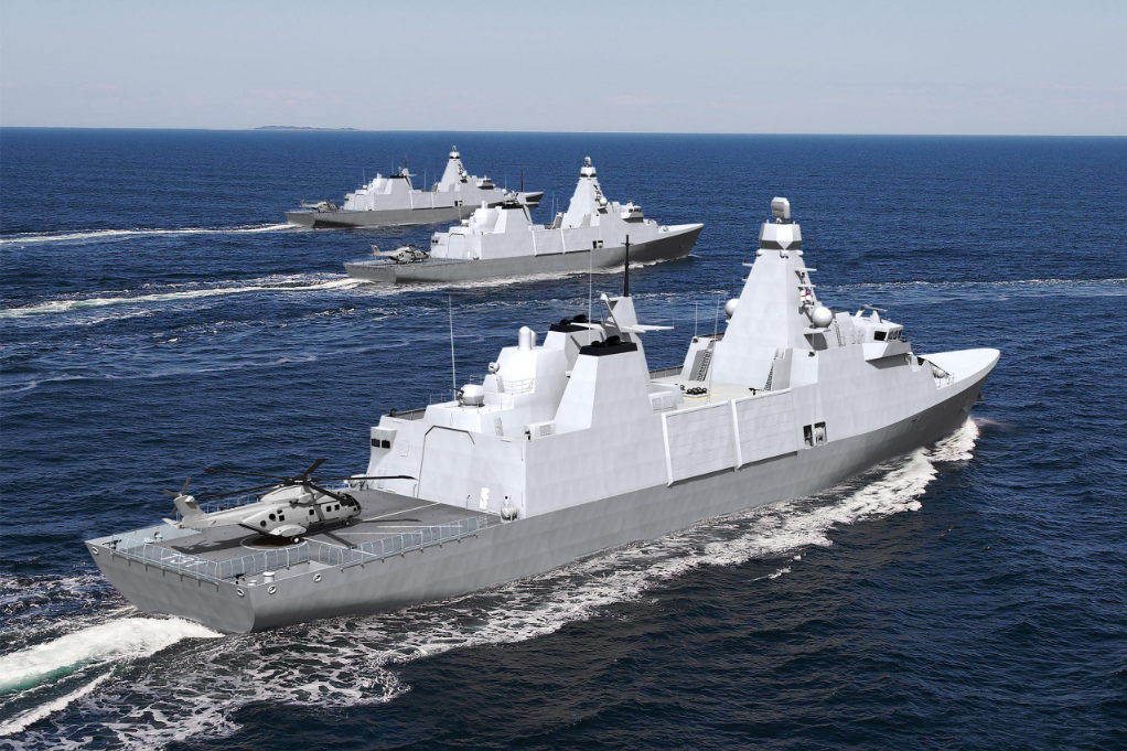 Four modern navy ships sailing in formation on the ocean, with the closest ship carrying a helicopter on its deck.