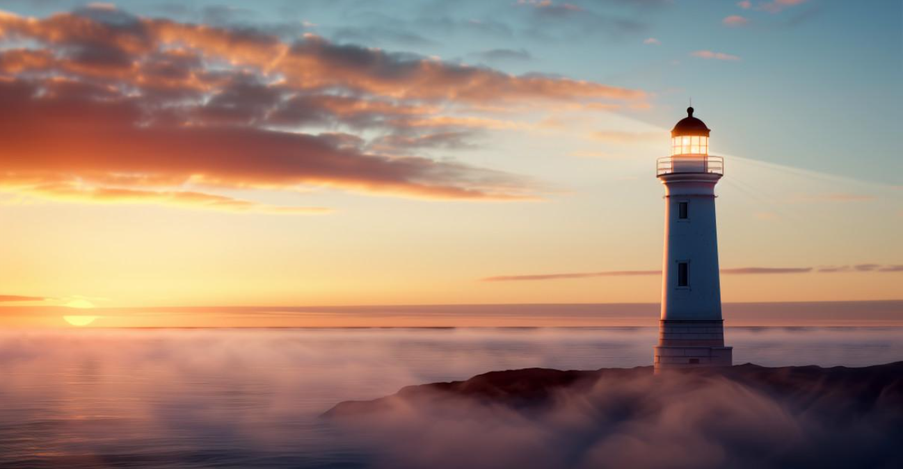 A lighthouse on a rocky shoreline at sunset with orange and pink clouds in the sky.