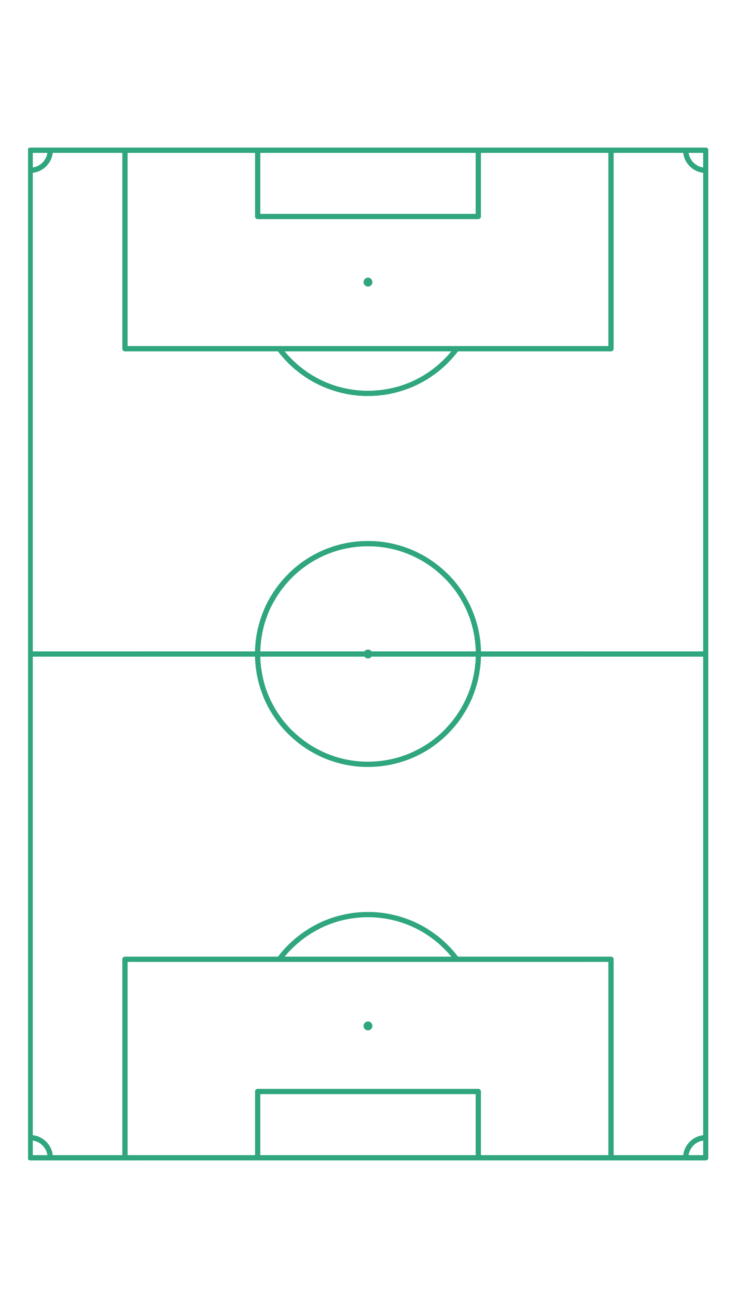 Outline of a soccer field with markings including goal areas, penalty areas, center circle, and midfield line.