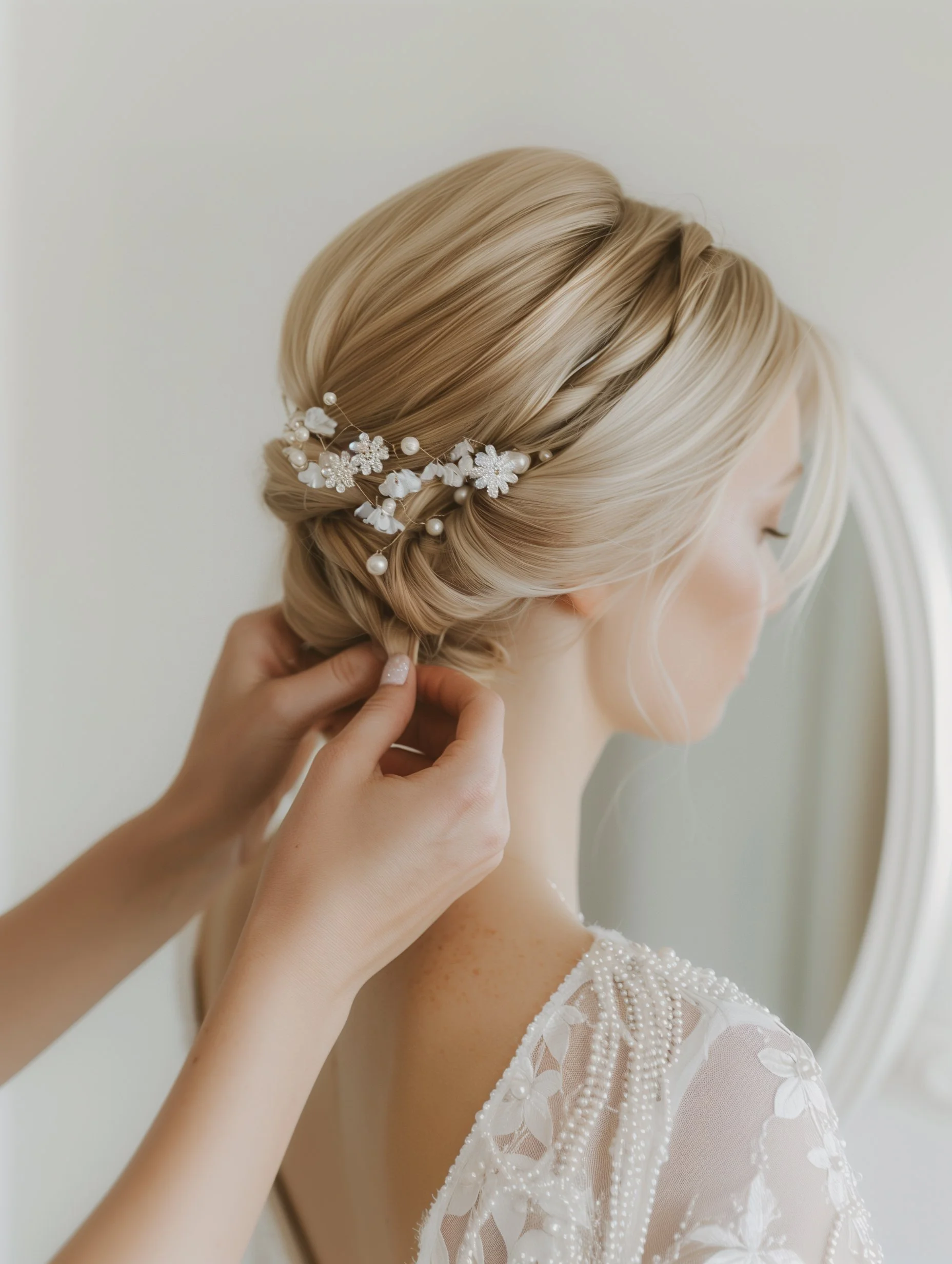 A bride with blonde hair styled in an elegant updo, adorned with a delicate floral pearl hair accessory.