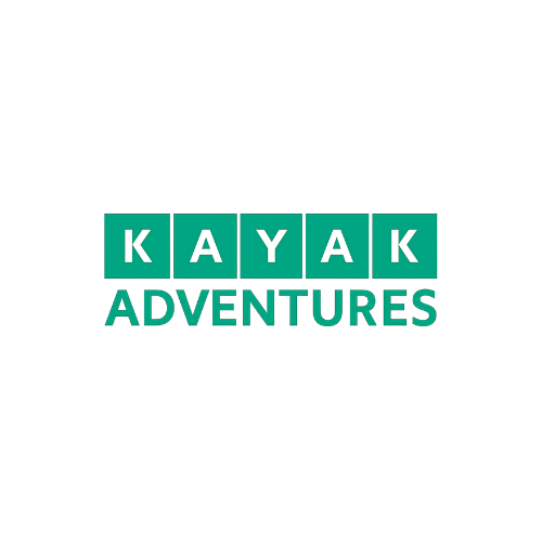 Logo for Kayak Adventures with the word 'KAYAK' in teal blocks and 'Adventures' below in teal letters on a black background.