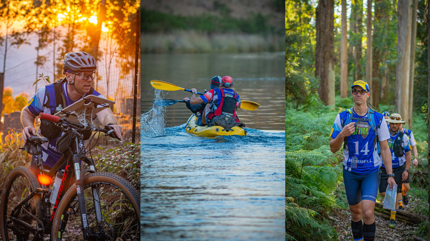 A collage of three outdoor adventure scenes: a man riding a mountain bike through a forest at sunset, two people kayaking on a river, and a group of trail runners on a forest path.
