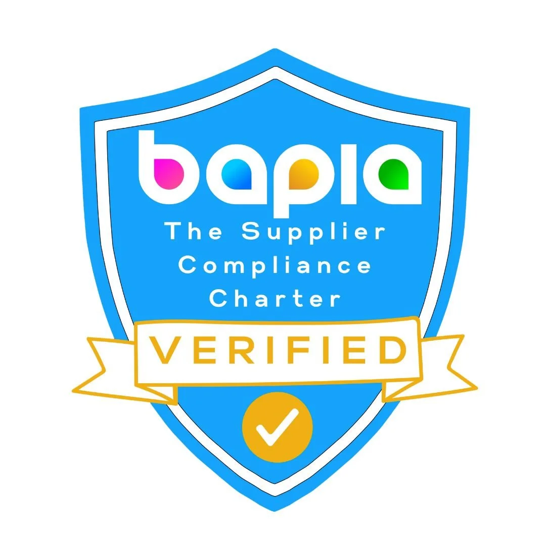 A badge with a blue shield and white outline that reads 'Bapia, The Supplier Compliance Charter, Verified' with a yellow checkmark at the bottom.