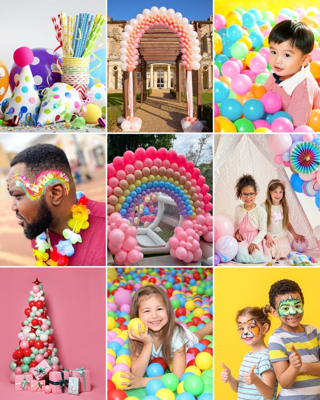 A collage of nine images depicting a colorful party scene with balloons, children playing in ball pits, a balloon arch, gifts, and children with face paint.