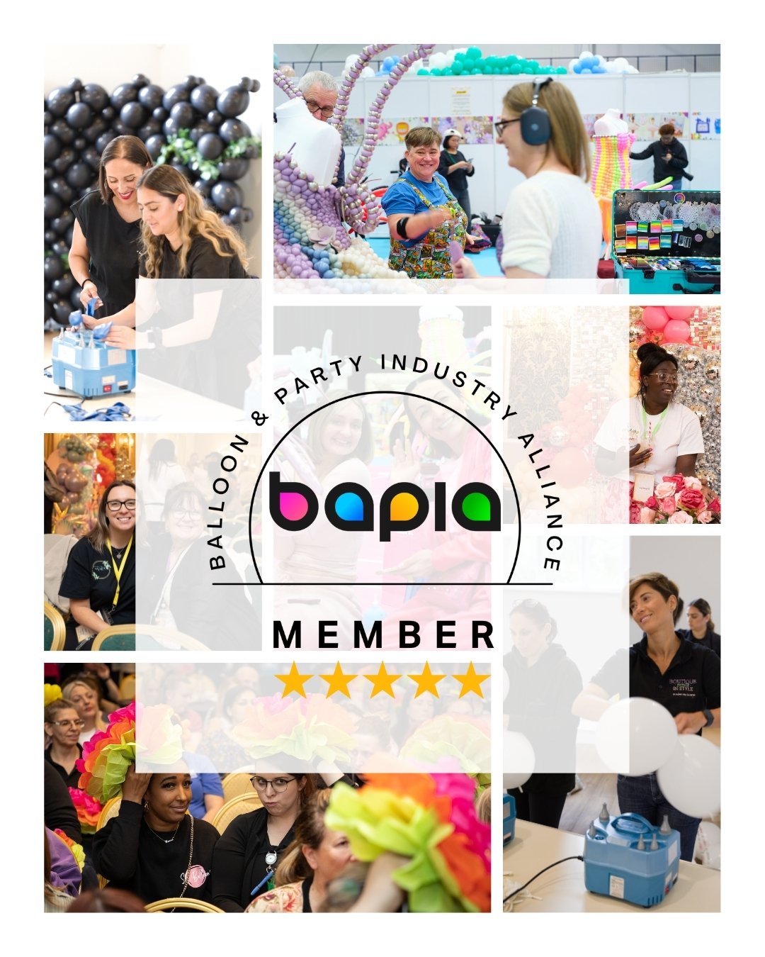 Collage of images showing people at a balloon and party industry event with the Bapia logo and a five-star rating, featuring people smiling, working with balloons, and attending the conference.