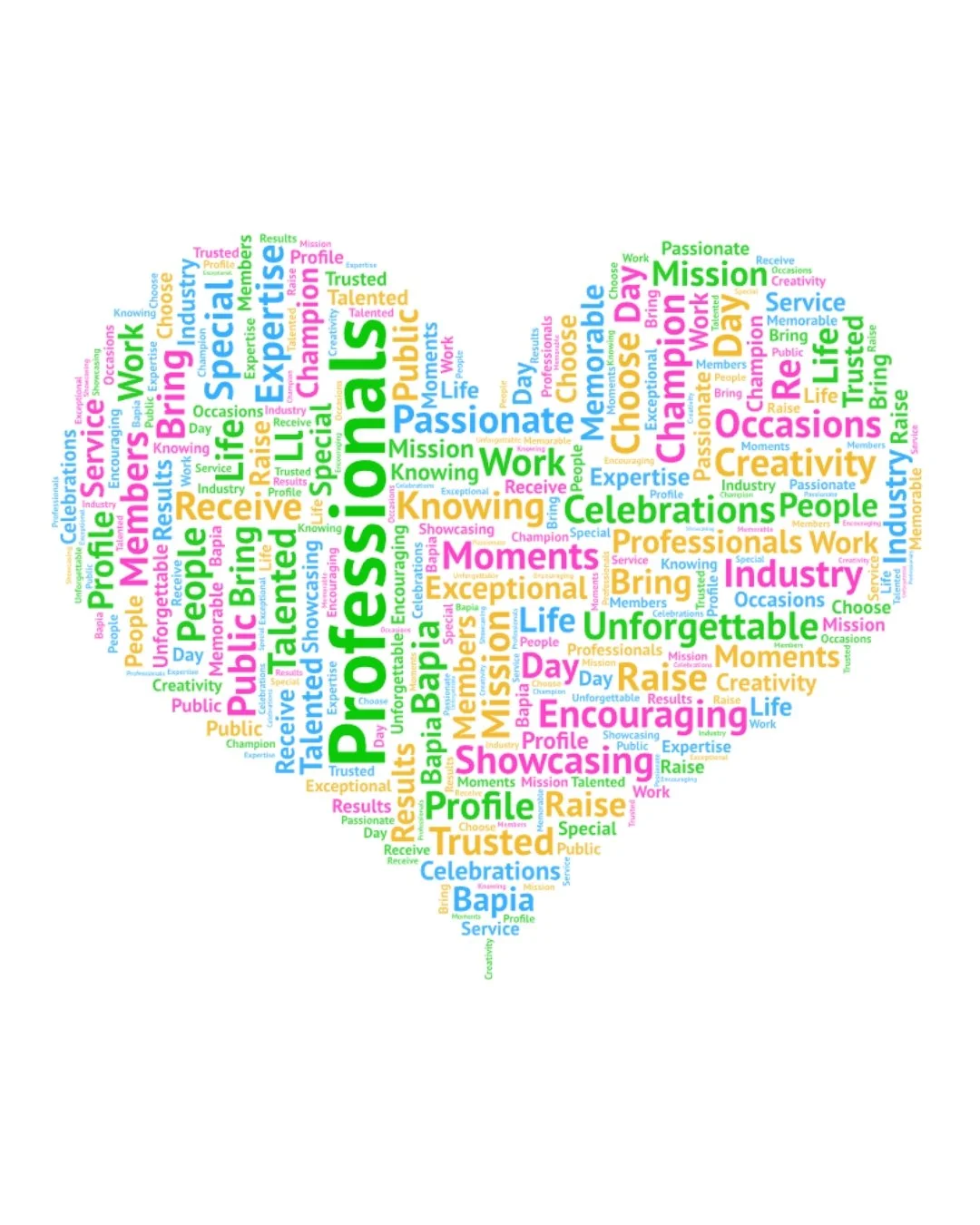 Colorful word collage shaped like a heart with words like 'Professionals', 'Unforgettable', 'Moments', 'Celebrations', 'Industry', 'Expertise', and 'Bapia' in various colors and fonts.