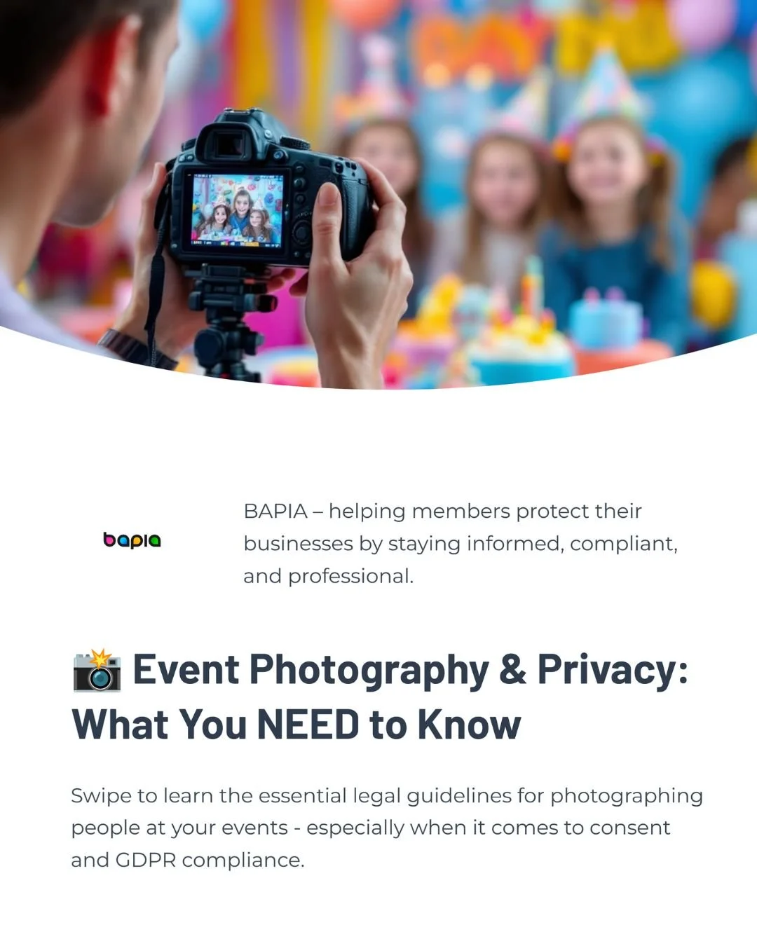 Photographer taking picture of children at birthday party with cakes and colorful decorations.