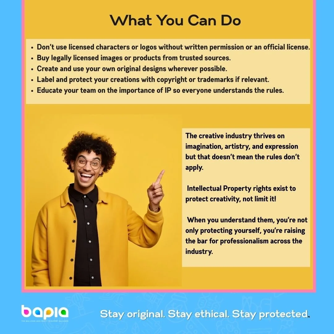 A colorful infographic emphasizing ethical and legal practices in the creative industry. It includes a photograph of a smiling person with glasses, wearing a yellow jacket and a black shirt, pointing upward. The infographic lists guidelines such as not using licensed characters or logos without permission, buying licensed images, creating original designs, labeling creations for copyright, and educating teams about intellectual property. The message at the bottom reads, "Stay original. Stay ethical. Stay protected."