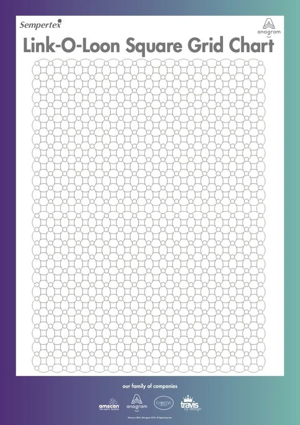 Blank Link-O-Loon square grid chart with small circles enclosed in squares, used for shoe fitting or sizing, printed on a white background with branding and design elements at the top and bottom.