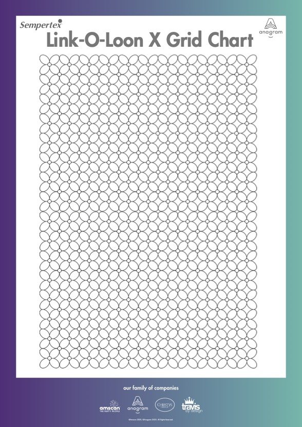 A printed chart titled 'Link-O-Loon X Grid Chart' with a grid of interconnected circles and lines, designed for bead or craft work, displayed on a colorful background.
