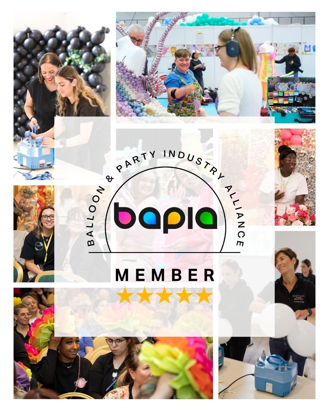 A collage of photos from a balloon and party industry event, featuring people working with balloons and decorations, with a central logo that says "bapia" and a badge indicating membership in the balloon and party industry alliance.