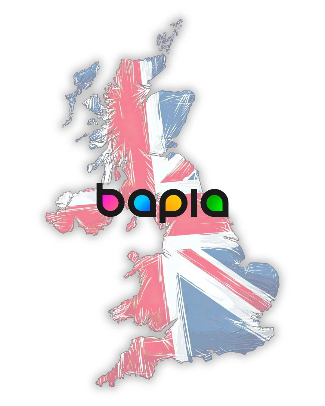 A stylized map of the United Kingdom with a Union Jack flag pattern, overlaid with the word 'bápia' in colorful, bold letters.