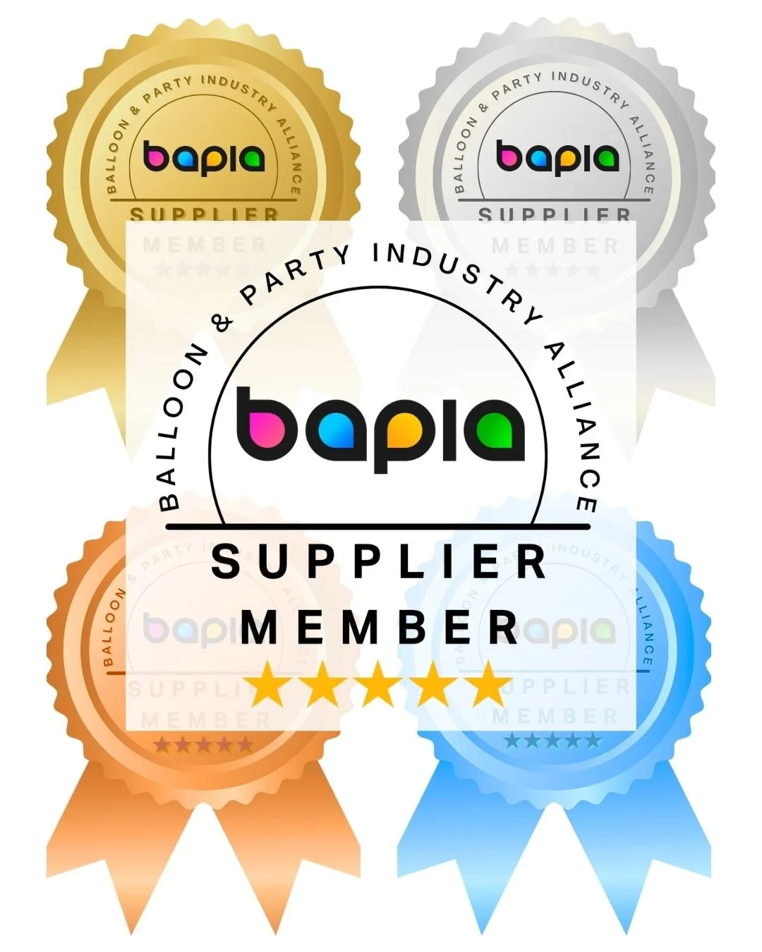 Colorful badges with ribbons indicating Bapia Supplier Member status for a balloon and party industry, featuring a circular logo with the word 'bapia' in multicolored letters, and surrounded by phrases 'Balloon & Party Industry Alliance' and 'Supplier Member' with five-star ratings.