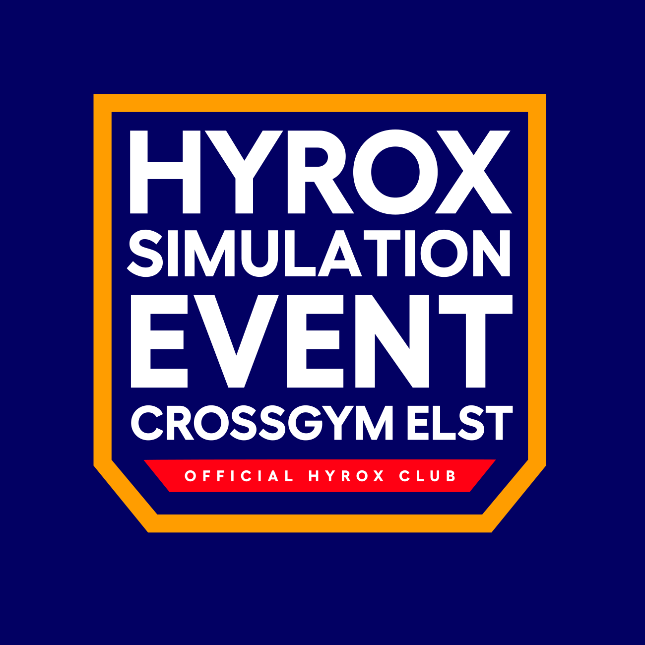 Logo van het Hyrox-simulatie-evenement georganiseerd door Crossgym Elst, met een blauwe achtergrond en rode banner met witte tekst.