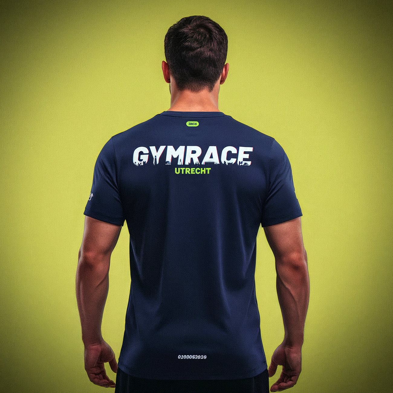 Man gezien van achter, draagt een sportshirt met 'GYMRACE' en 'UTRECHT', standing voor een groene achtergrond.