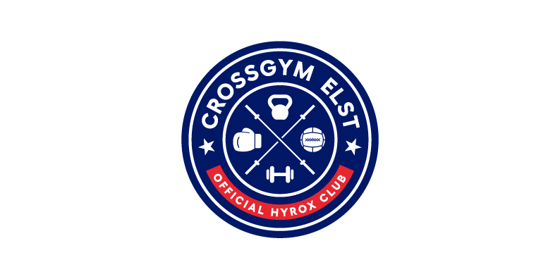 Logo van Crossgym Elst met fitness en vechtsport symbolen, en tekst 'Official Hyrox Club'.