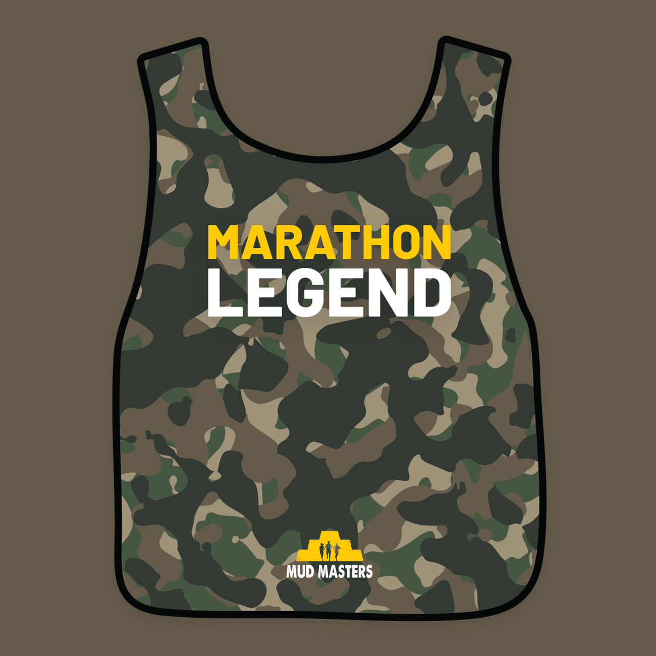 Een gekleurde medaille met camouflage patroon en de tekst "Marathon Legend", met onderaan het logo van Mud Masters.