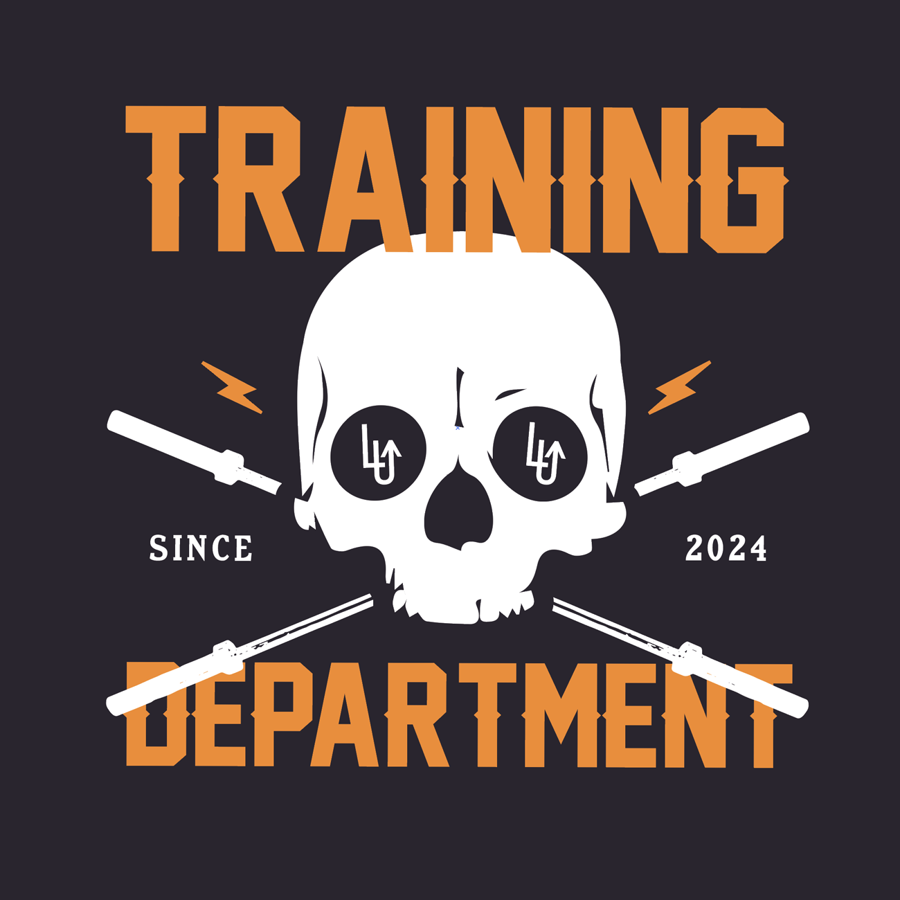 Een grafisch ontwerp met een schedel, twee wapens en de woorden 'Training Department' en 'Since 2024' op een zwarte achtergrond.