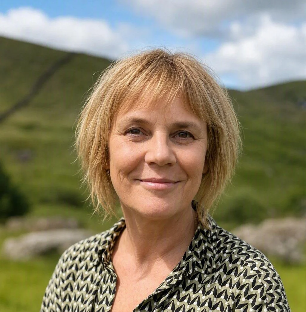 This is a picture of Jo, the counsellor at Reflective Pathways Counselling and Wellbeing, standing outdoors with green hills and a cloudy sky in the background.