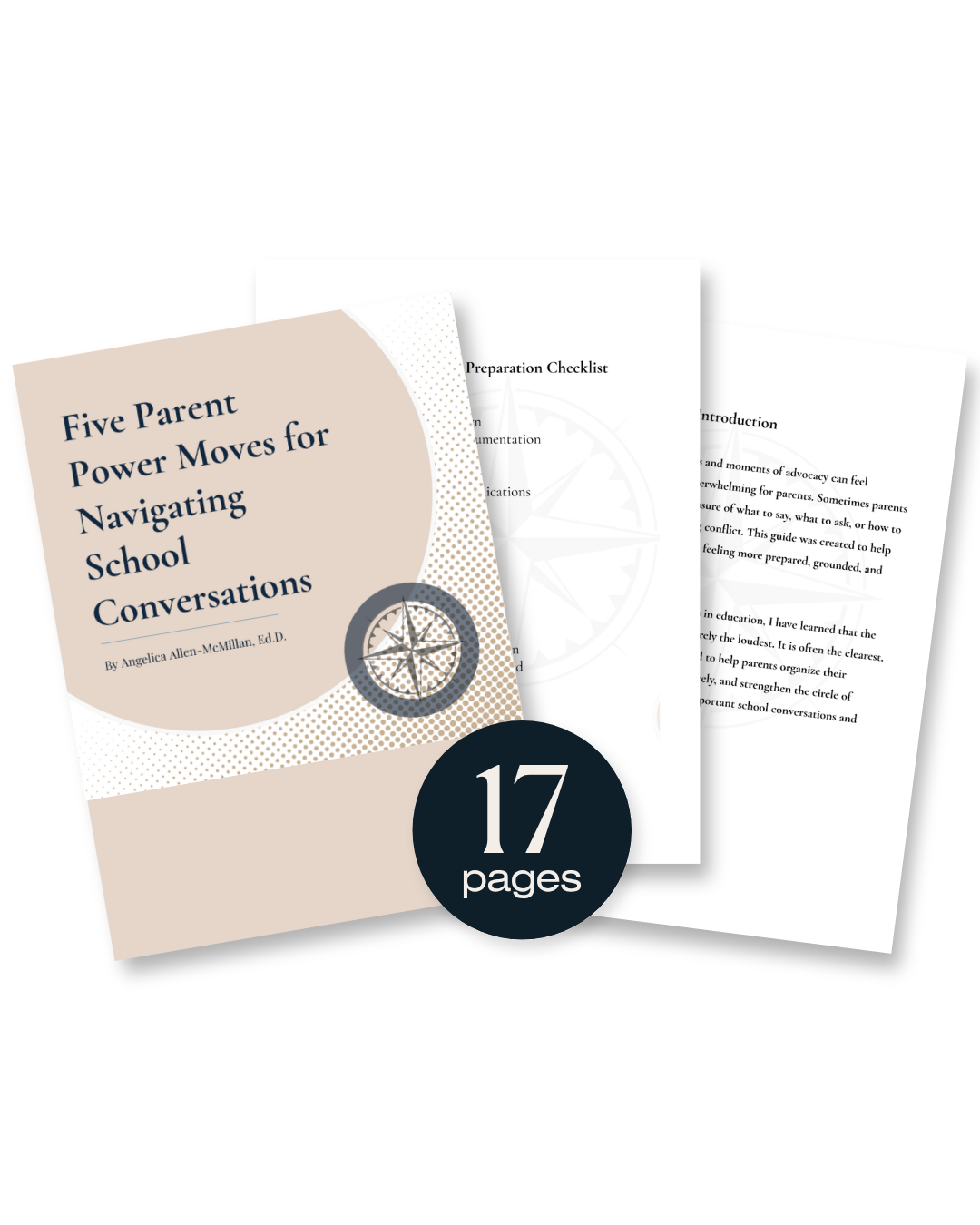 Cover of a guide titled 'Five Parent Power Moves for Navigating School Conversations' by Angelica Allen-McMillan, Ed.D., indicating it has 17 pages.
