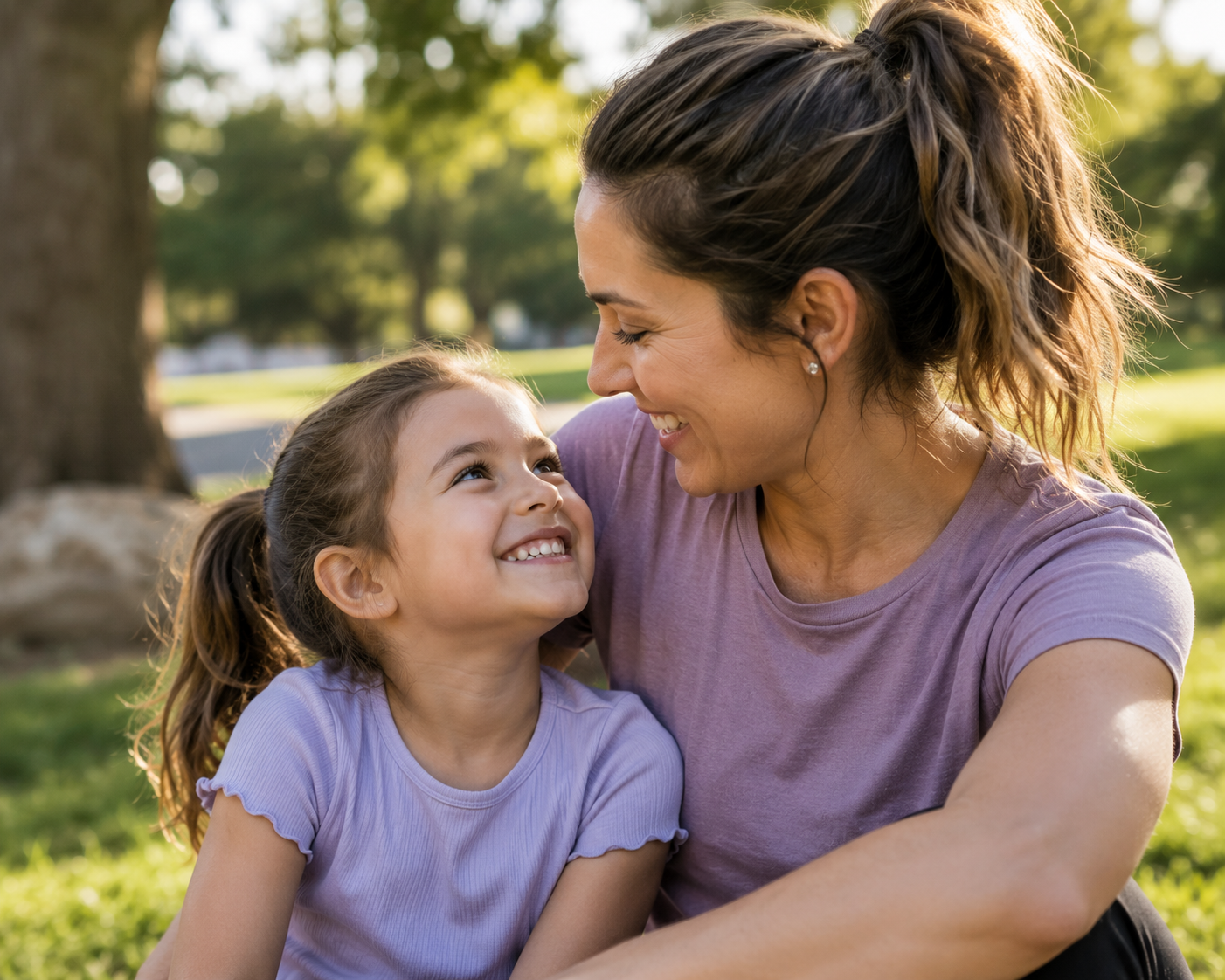 A woman and a young girl sharing a tender moment outdoors in a park, smiling at each other with trees and a grassy area in the background.