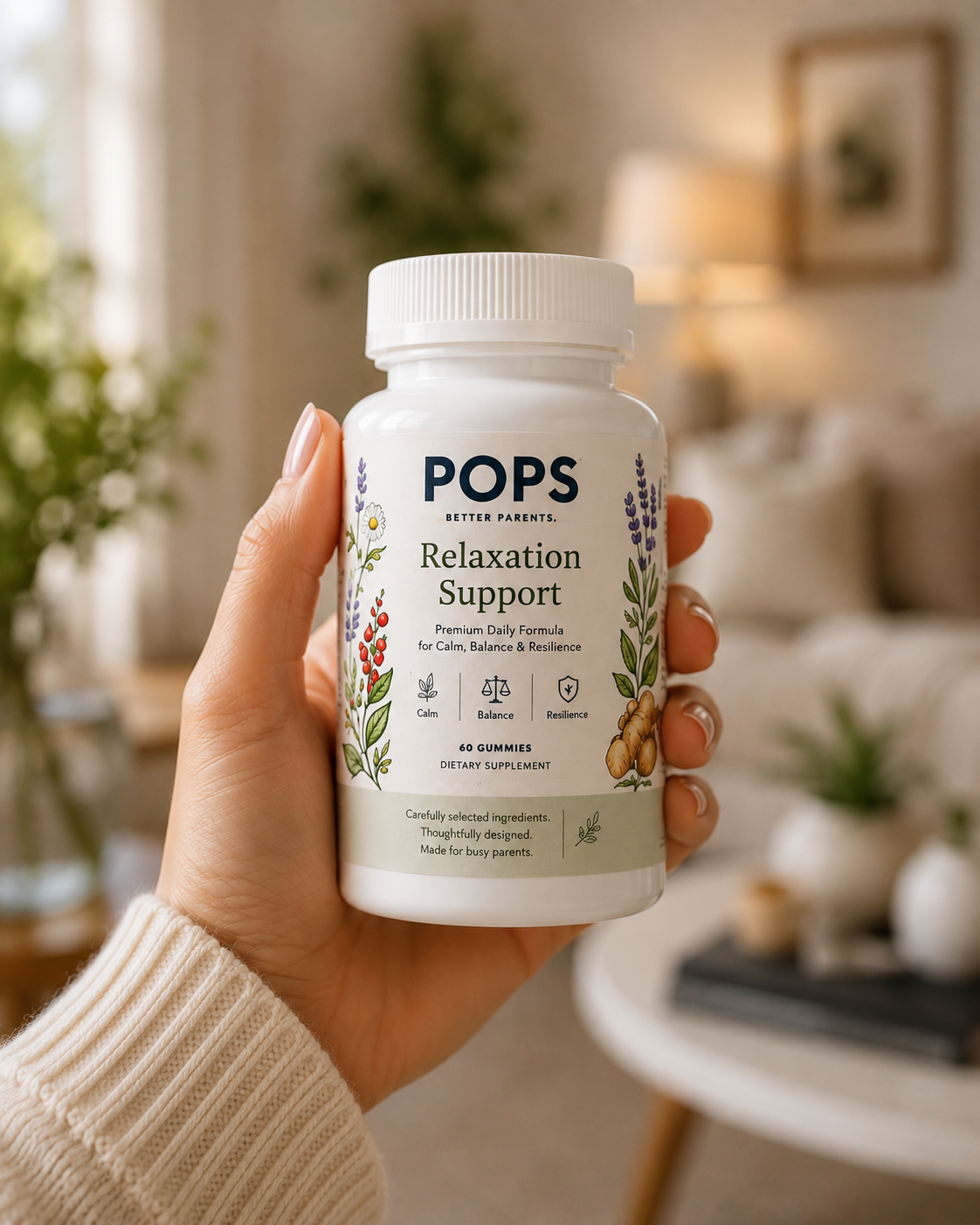 Hand holding a bottle of POPS Relaxation Support gummies with illustrations of herbs, in a cozy living room setting.
