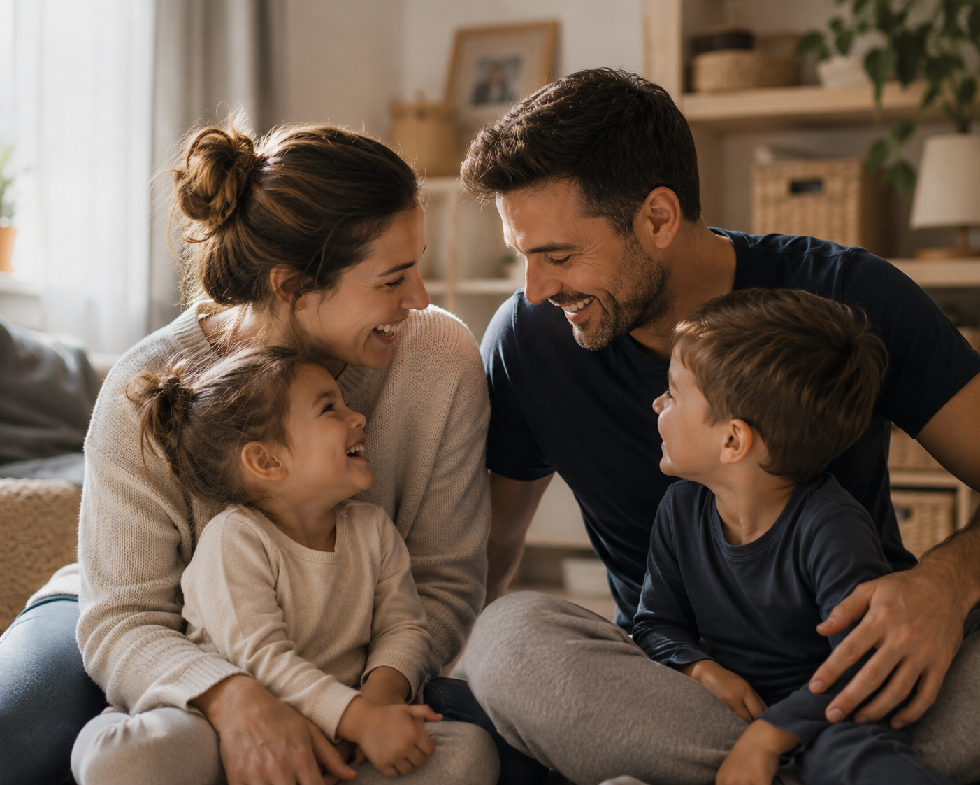 A happy family of four, including a man, woman, and two children, sitting close together and smiling in a cozy living room.