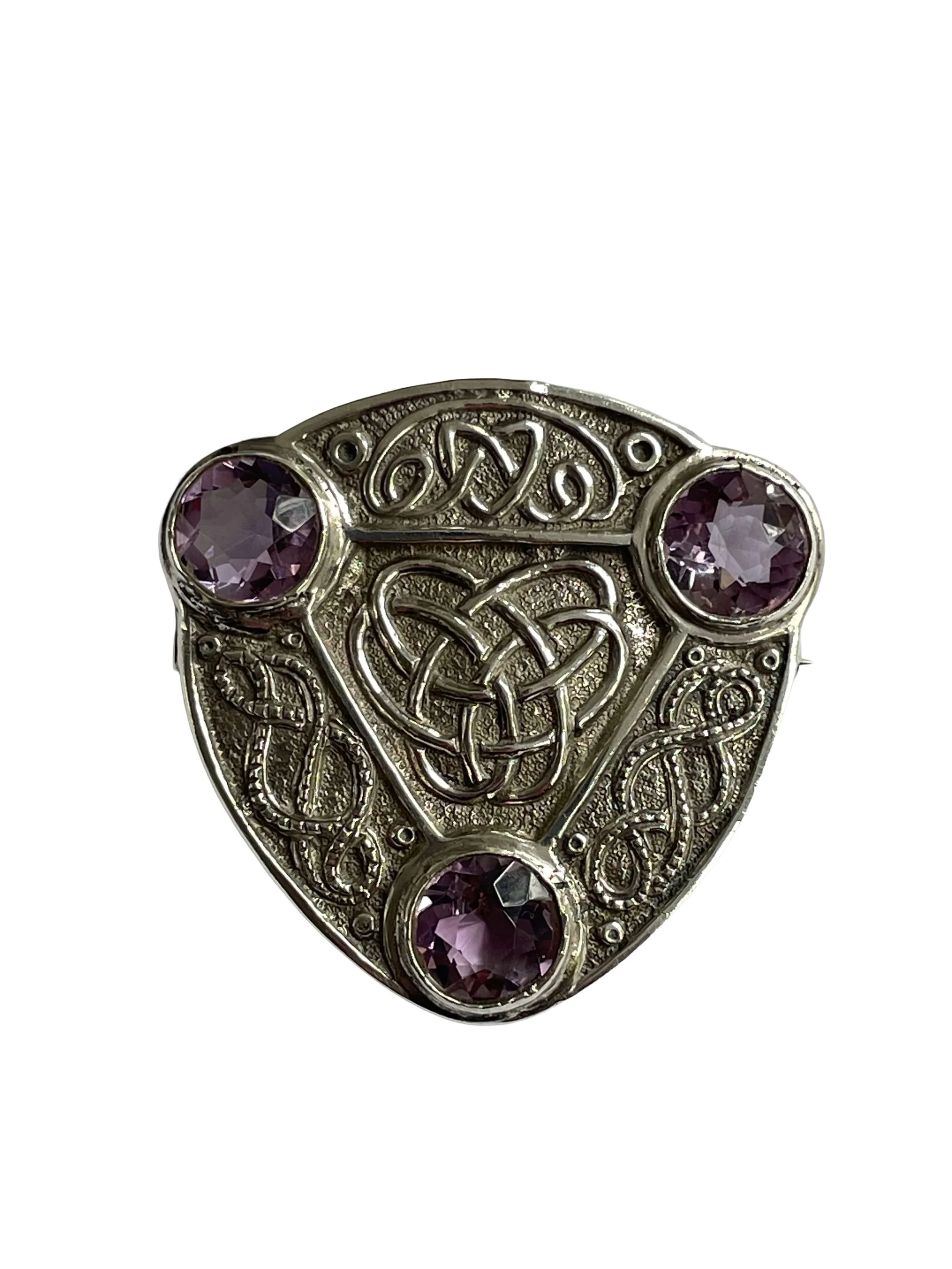 Vintage Silver Celtic Design Brooch Inlaid With Amethyst Stones
