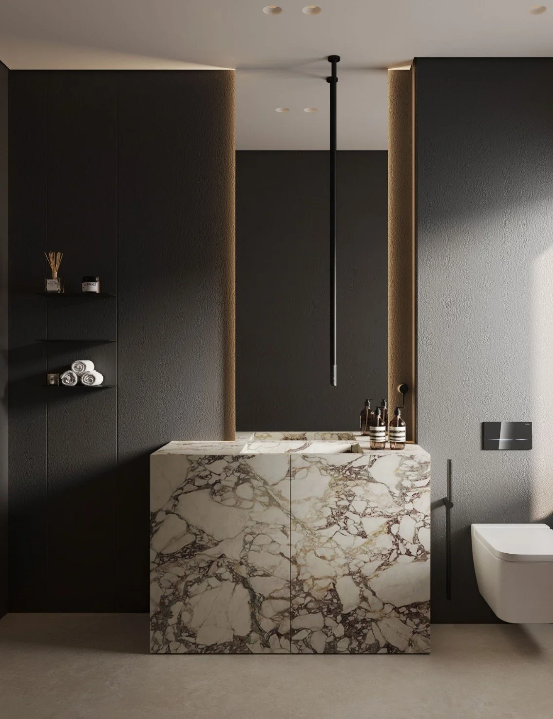 Modern bathroom featuring a marble sink and cabinet, black textured walls, and minimal decor.
