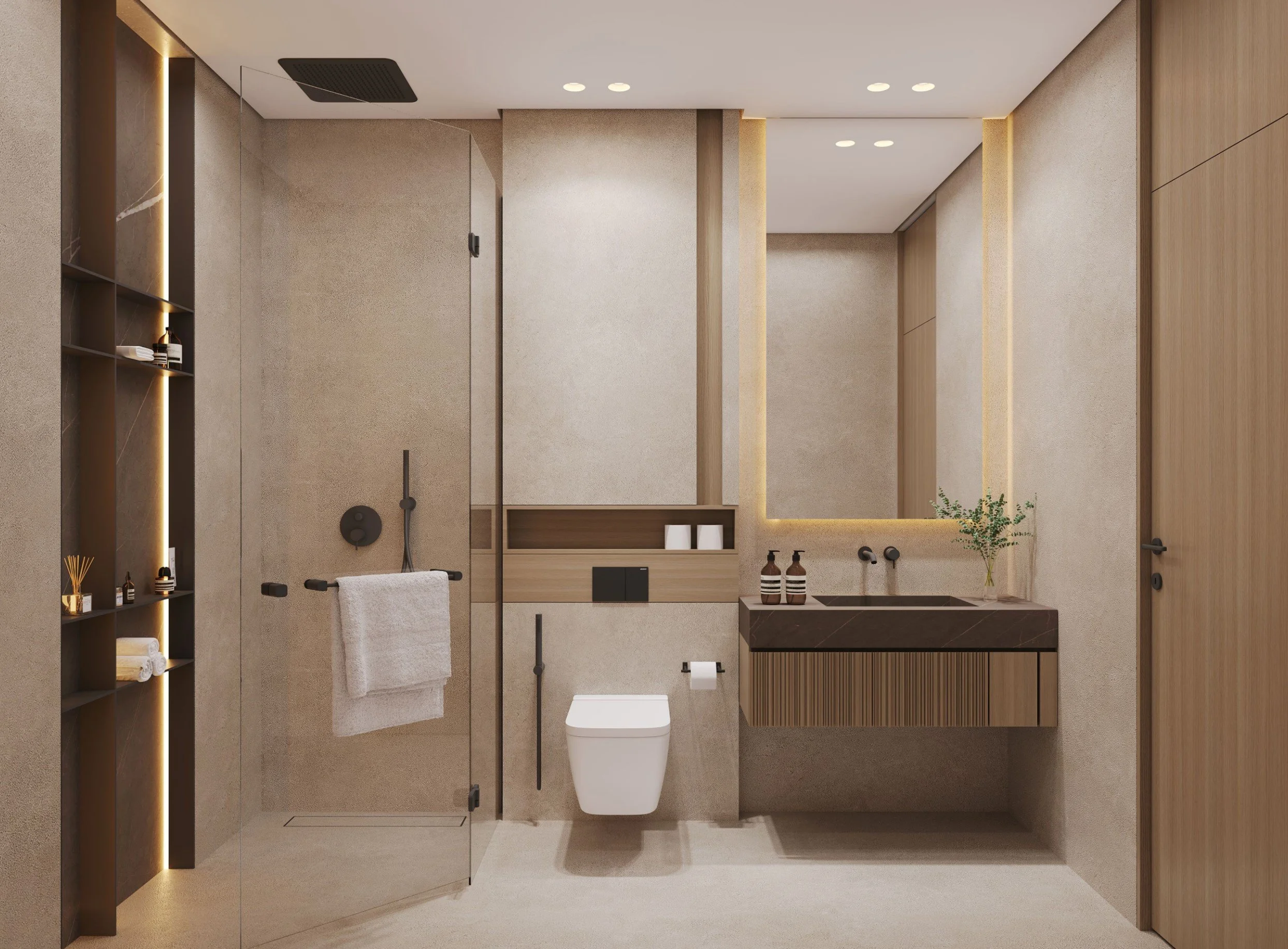 Modern bathroom with beige walls, wooden accents, a large illuminated mirror, a black sink with bottles, a toilet, and a towel hanging on a black hook.