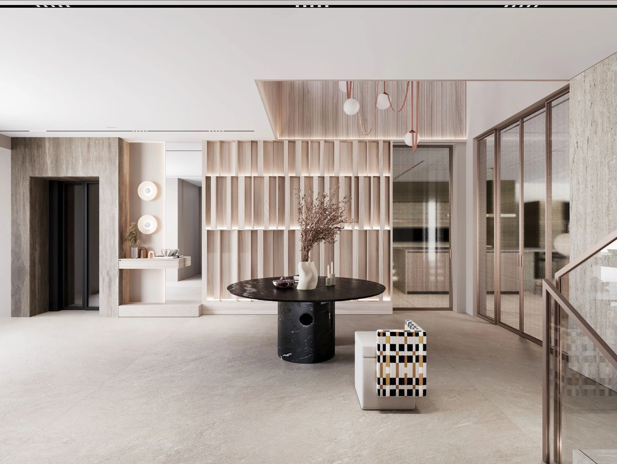 Modern interior space with natural wood, stone, and neutral tones, featuring a round black marble table, unique seating, and decorative lighting.