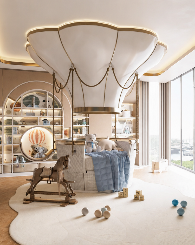 Nursery room with a cloud-shaped canopy, teddy bears, a rocking horse, soft toys, and blocks on a white rug near large windows.