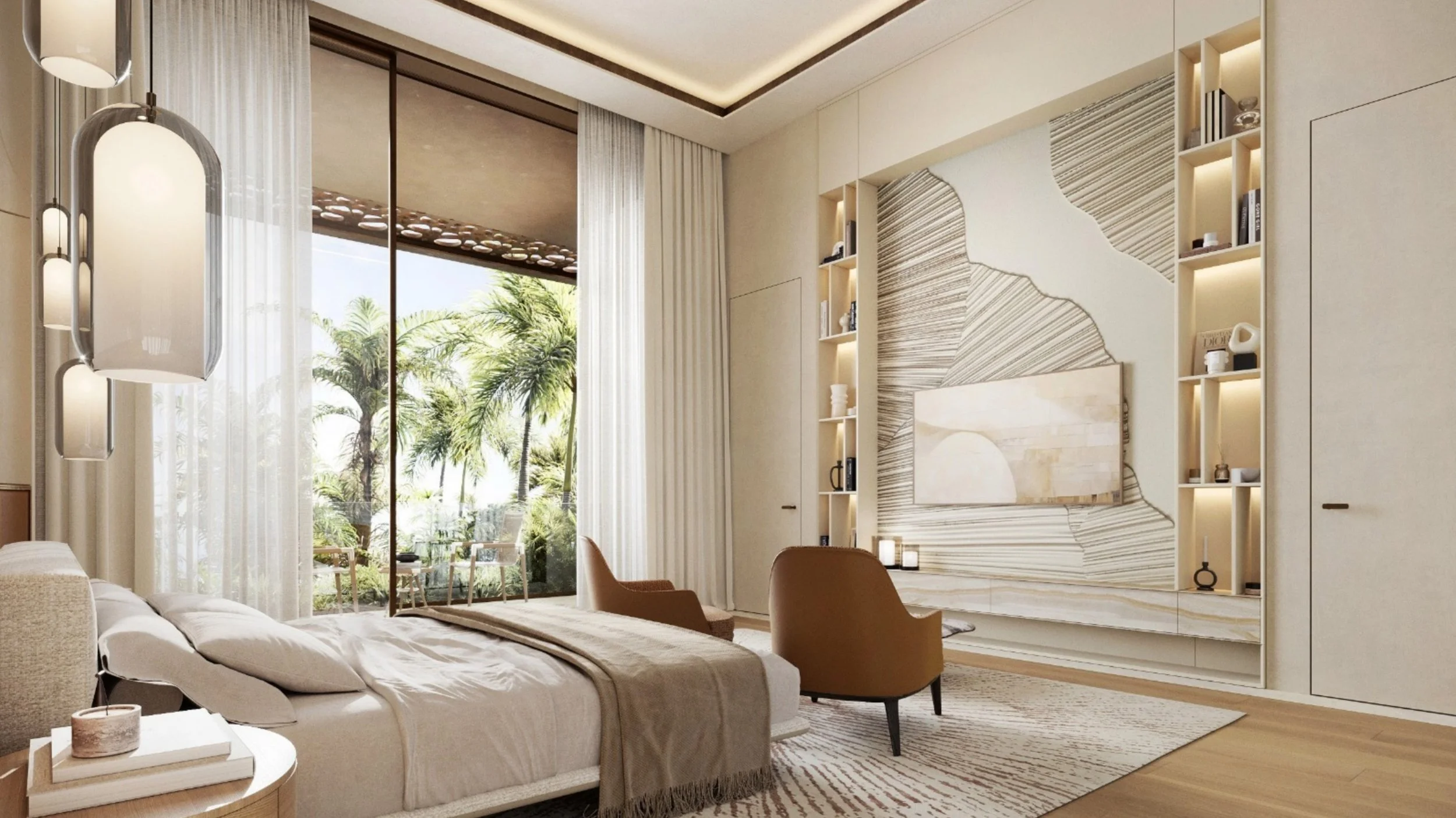 Modern living room featuring large window with sheer white curtains, palm trees visible outside, beige sofa with throw blanket, round coffee table with decorative items, beige chairs, built-in wall shelves with books and decor, abstract wall art, soft lighting.
