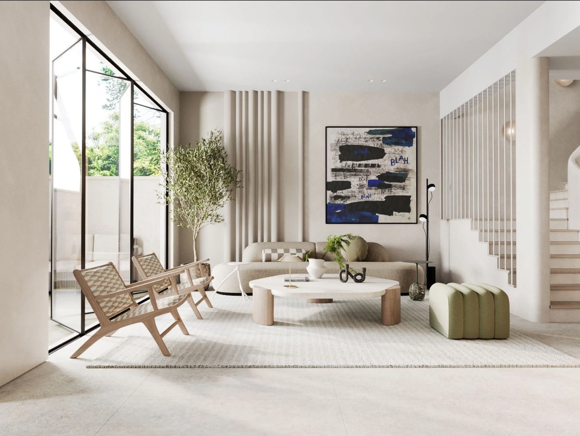 Modern living room with large glass sliding doors, abstract artwork on the wall, light-colored sofa, round coffee table, wooden chairs, and potted plant, bright natural lighting