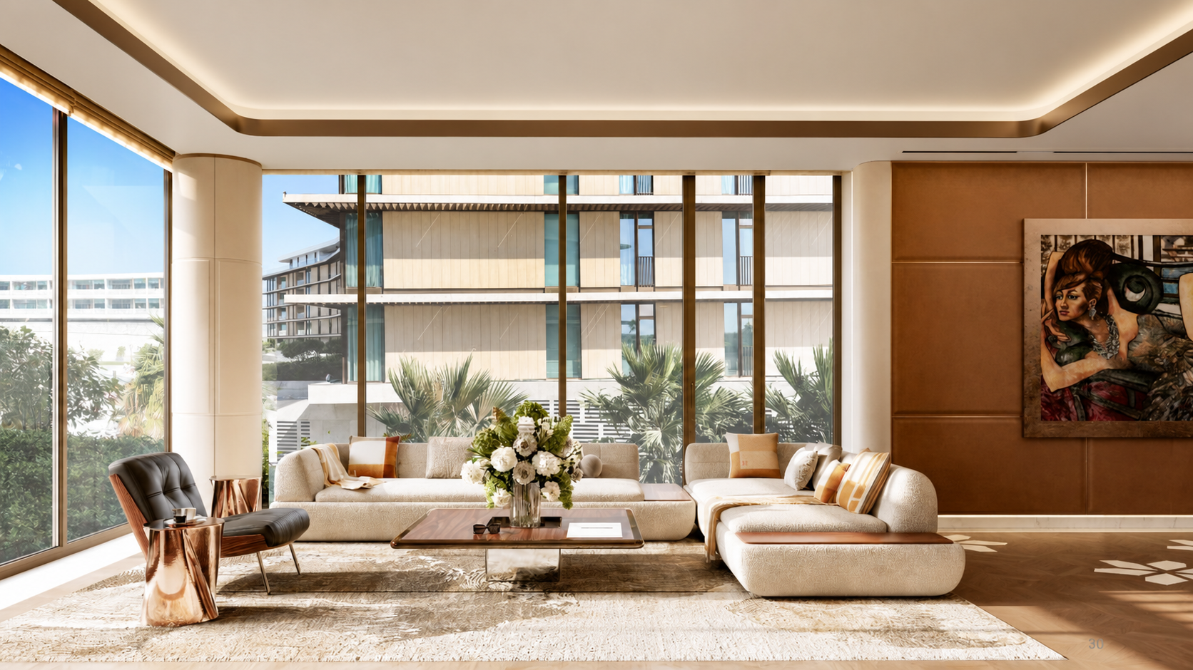 Modern hotel lobby with large glass windows, beige sofa, black armchair, wooden coffee table with a floral arrangement, wooden-paneled wall with colorful artwork, and a view of buildings and greenery outside.