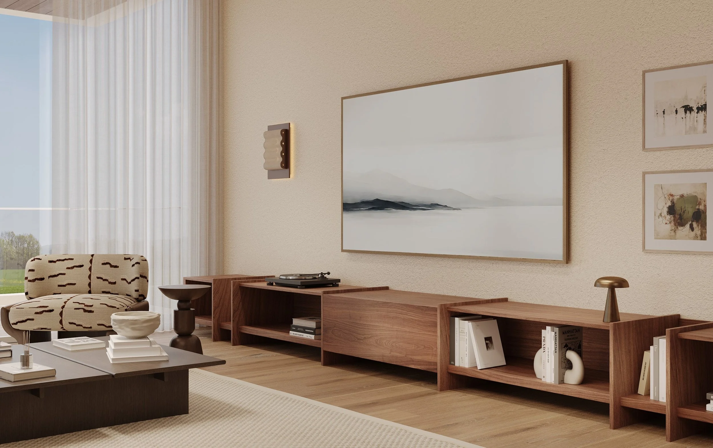 Modern living room with beige textured wall, large window with sheer curtains, abstract landscape paintings, beige patterned armchair, wooden console with books, decorative objects, and a black record player.