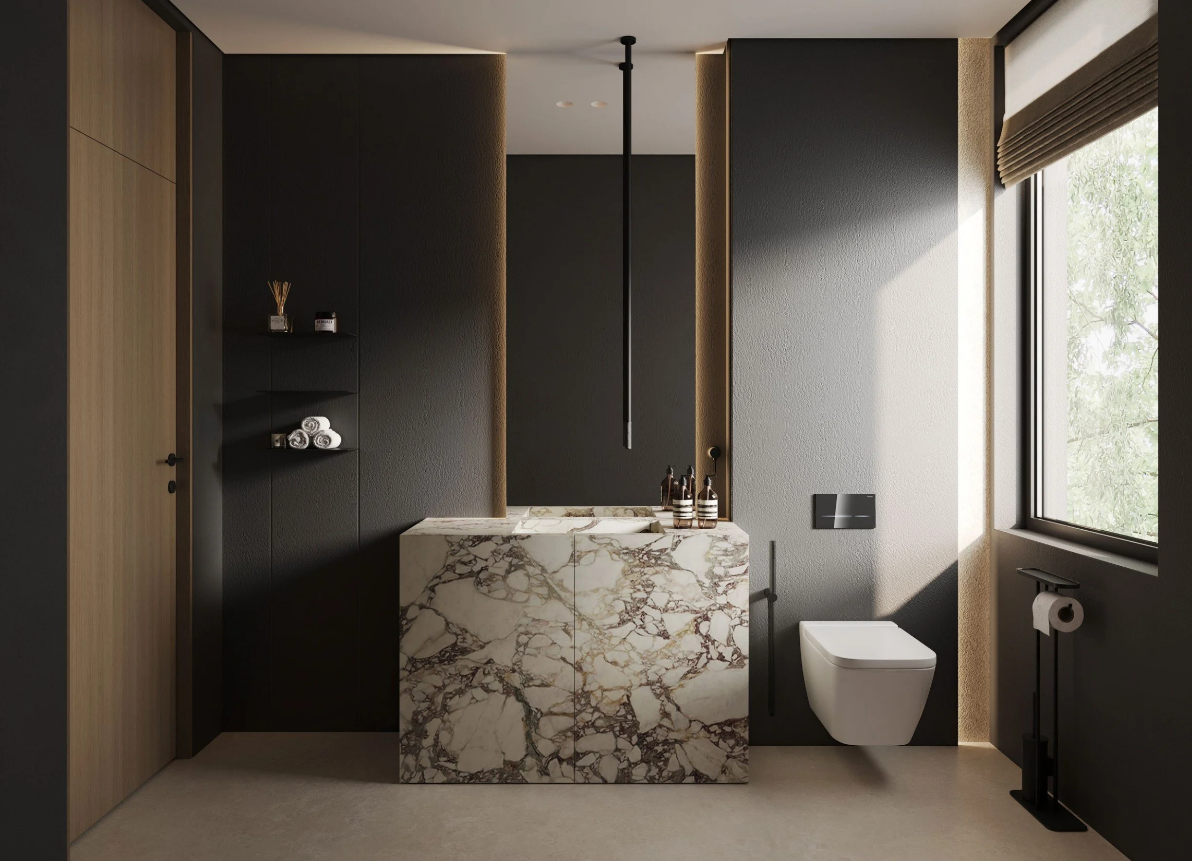 Modern bathroom with black and natural wood accents, a marble countertop, and a large window with blinds.