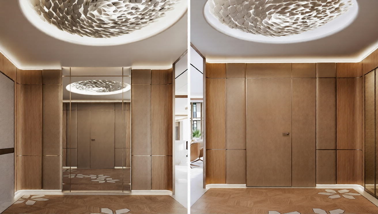 Side-by-side interior views of a modern entryway with wood-paneled walls, a large mirror, and a patterned ceiling light fixture.