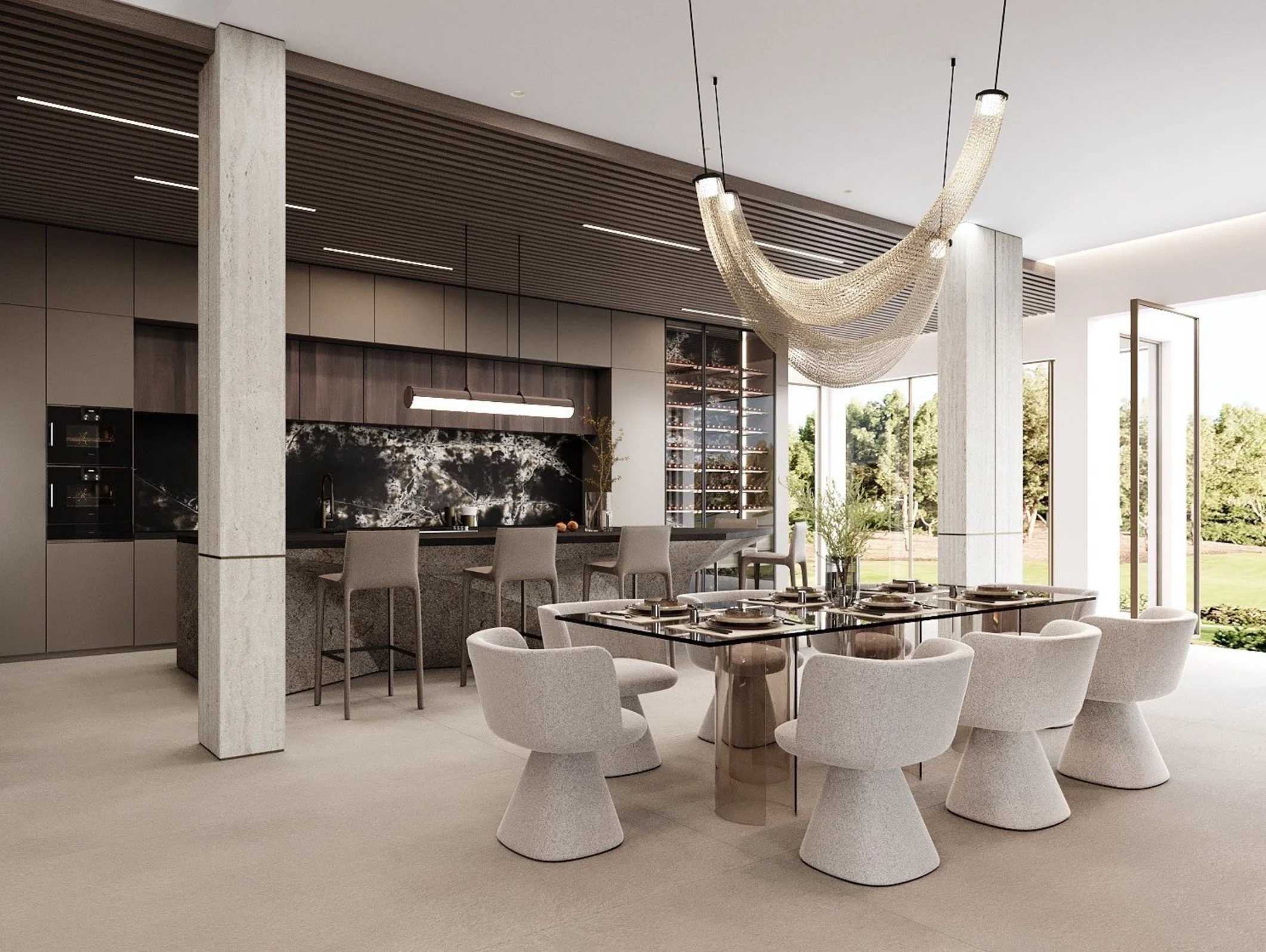 Modern dining area with white molded chairs, a square glass-topped table, a chandelier, large windows, and open door leading to greenery outside.