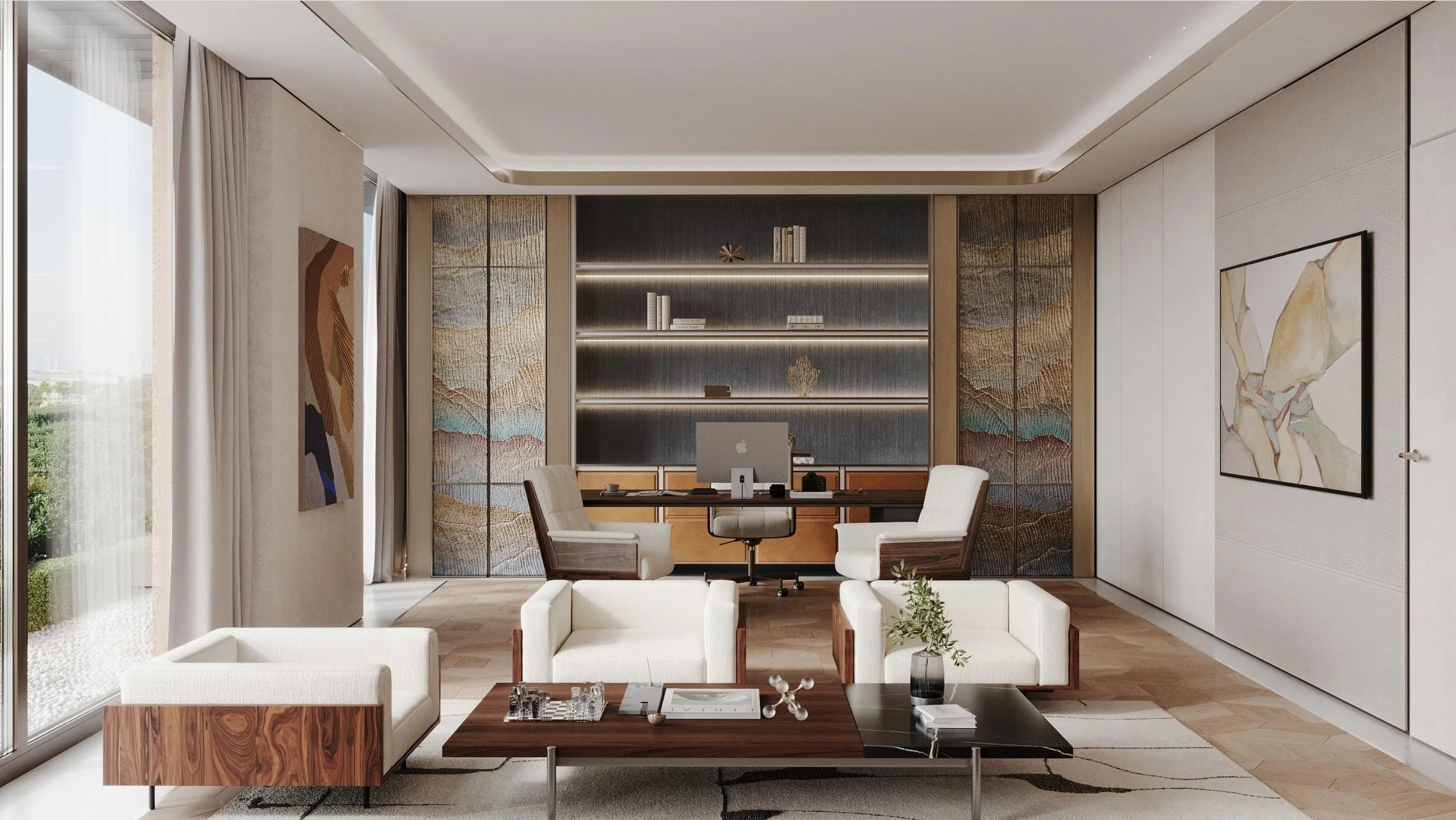 Modern living room with large window, white furniture, wall art, and a desk with an Apple computer in the background.