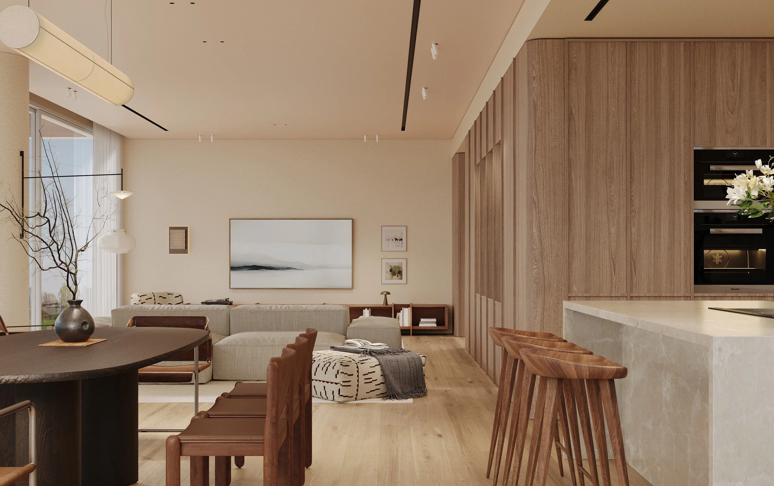 Modern living room and kitchen with wood accents, beige walls, and large window with sheer curtains. Dining table with wooden chairs, beige sectional sofa, artwork on the wall, and a marble kitchen island with bar stools.