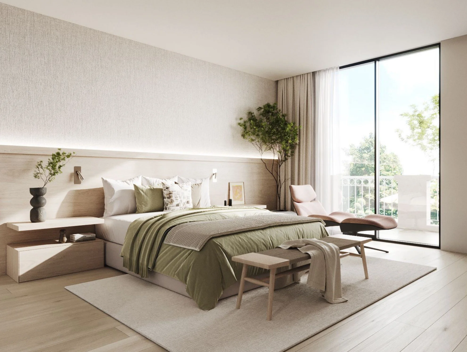 Modern bedroom with large glass window, beige walls, wooden floor, bed with green bedding, and white cushions, with a potted plant and a chair near the window.