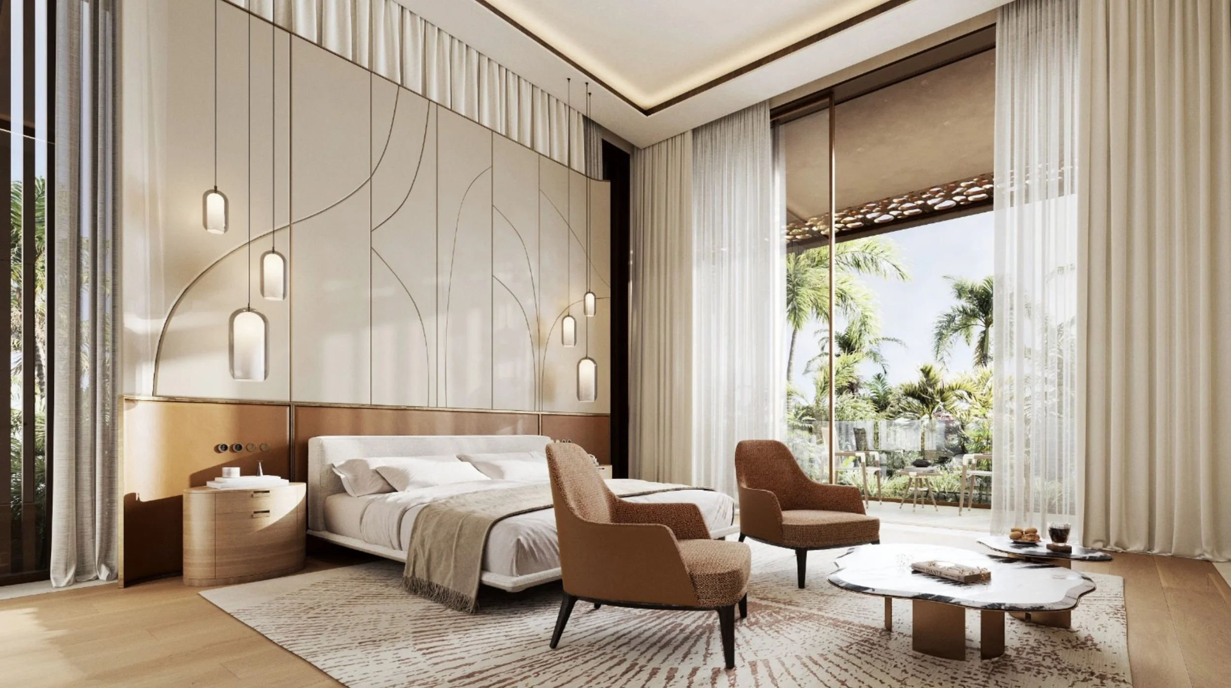 Modern hotel room with large floor-to-ceiling windows, beige curtains, a white bed with beige bedding, a round bedside table, brown armchairs, a marble coffee table, and tropical palm trees visible outside.