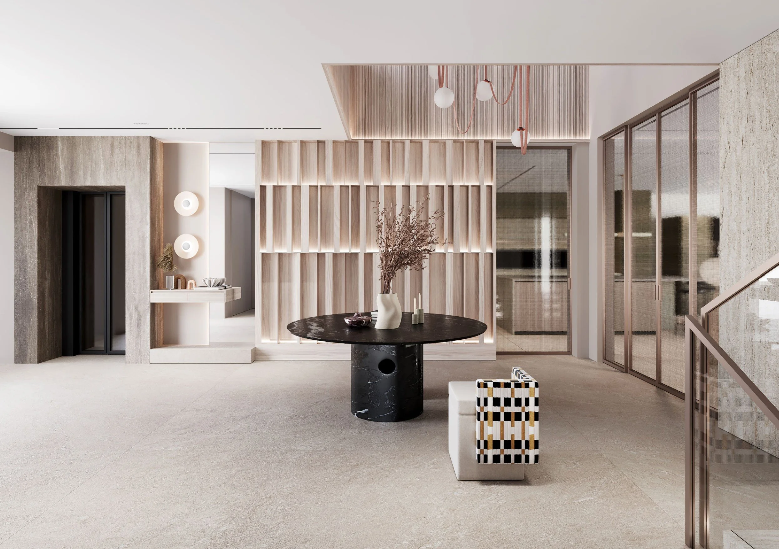 Modern interior with a round black table, decorative vases, a patterned cube, and wooden panels on the wall. Large windows let in natural light. Ceiling has spherical light fixtures with pink cords.