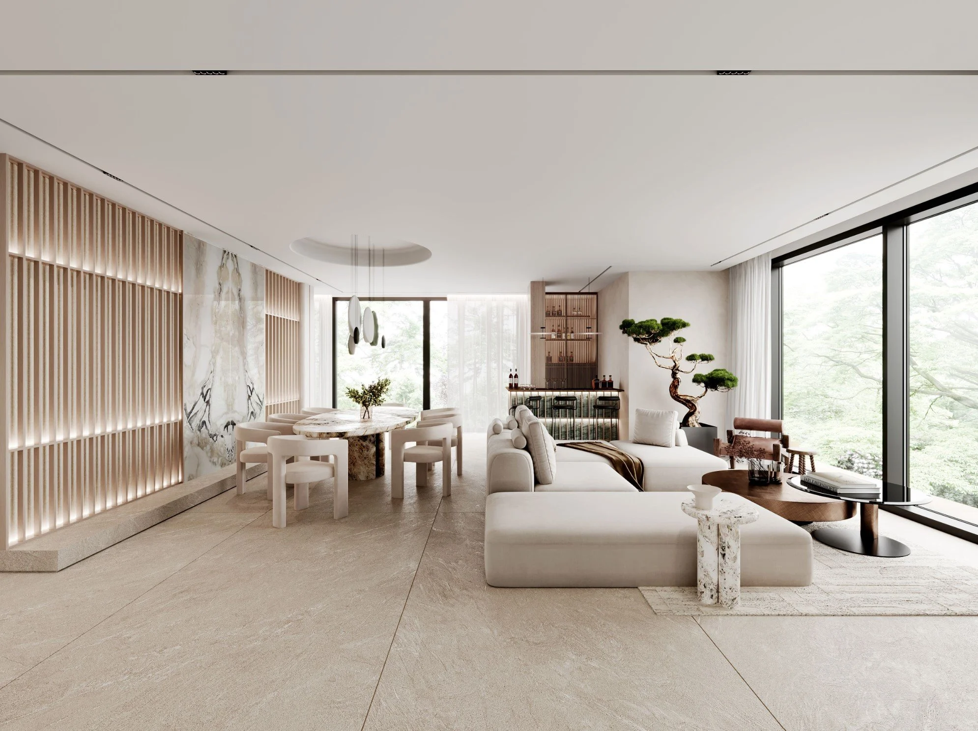 Modern living room with large windows, white sofa, round marble side tables, wooden accents, and decorative plants.