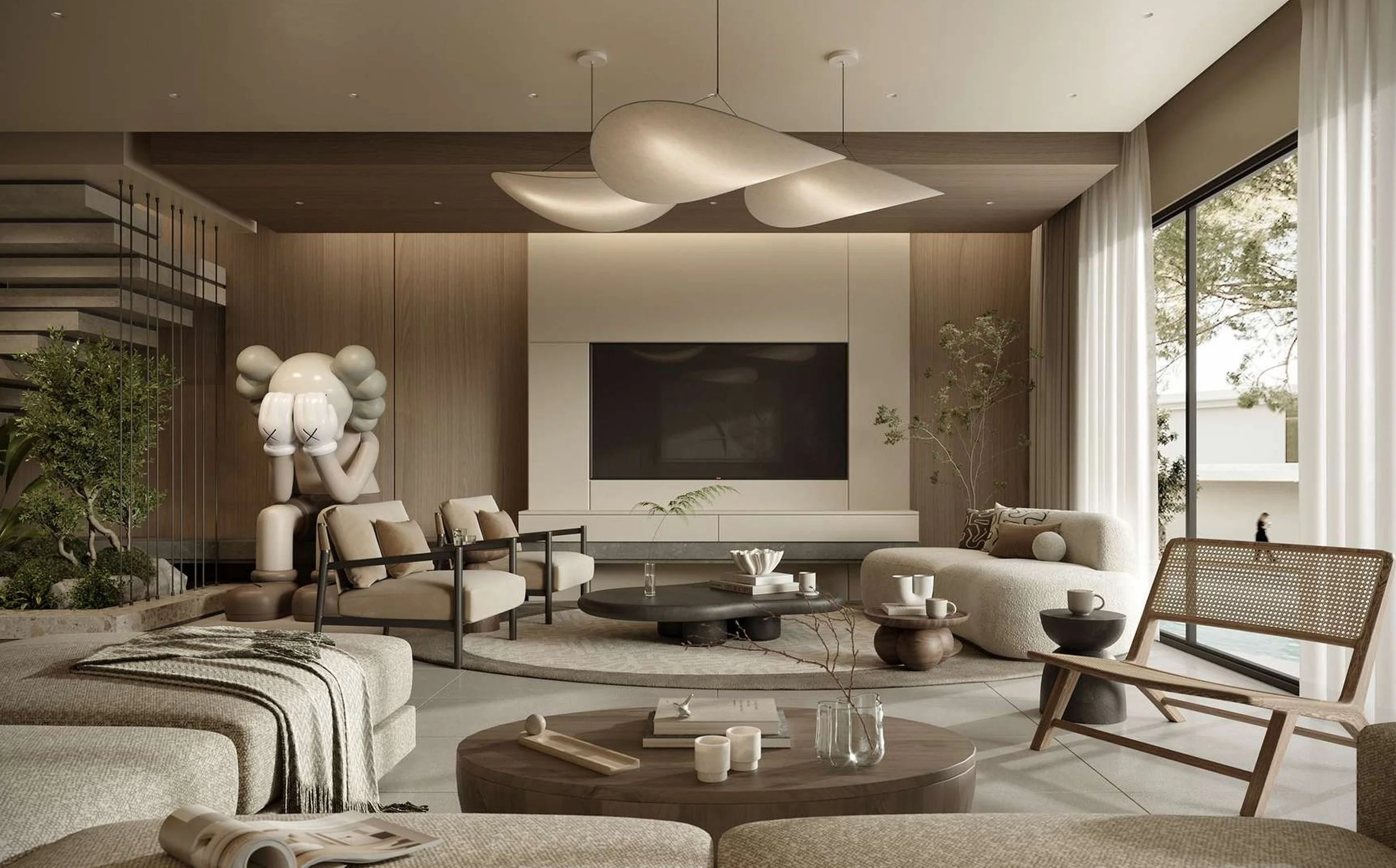Modern living room with beige sofas, a black coffee table, abstract ceiling lights, potted plants, and large windows with white curtains.