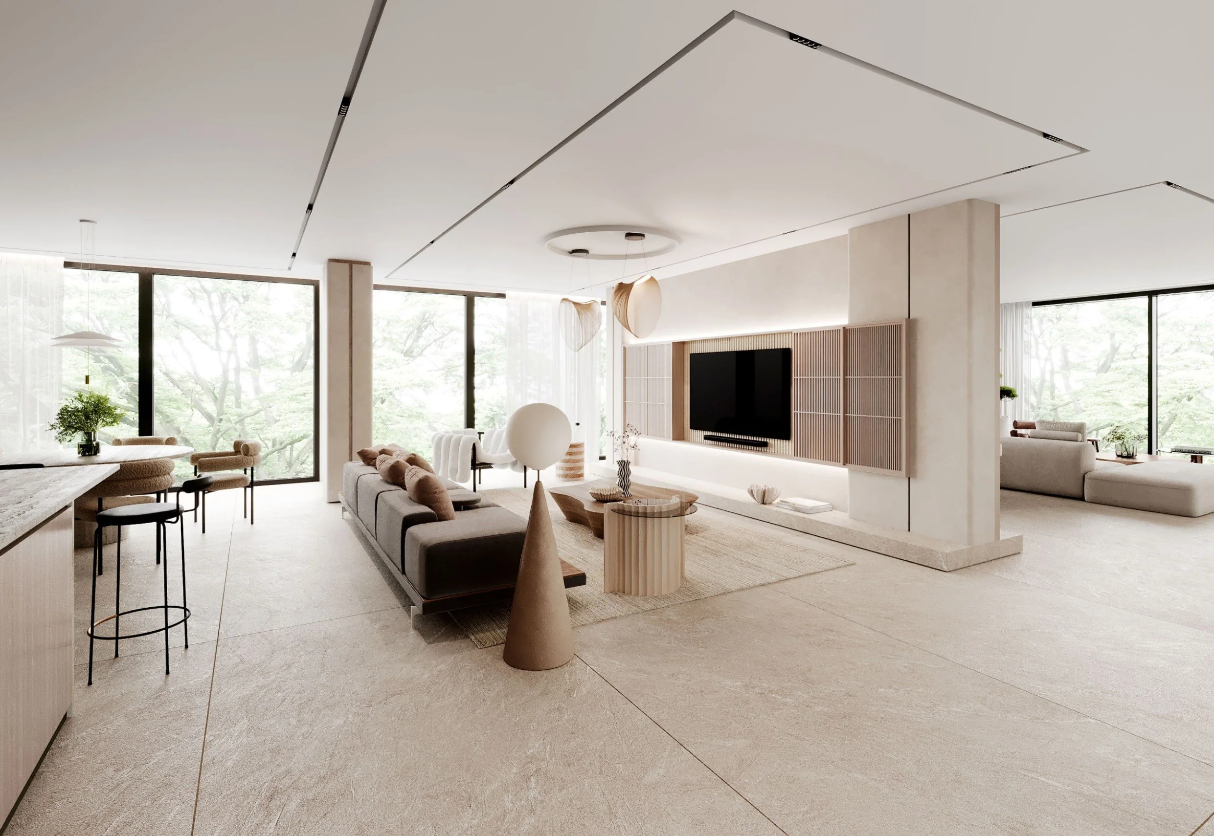 Modern living room with large windows, light-colored walls, a wall-mounted flat-screen TV, contemporary furniture including sofas and chairs, decorative ceiling lights, and natural light flooding the space.