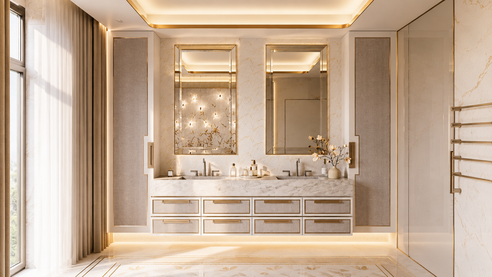 Luxurious bathroom with double sinks, large mirrors, bronze accents, and decorative lighting. A vase with flowers sits on the countertop, with beige and bronze decor throughout.