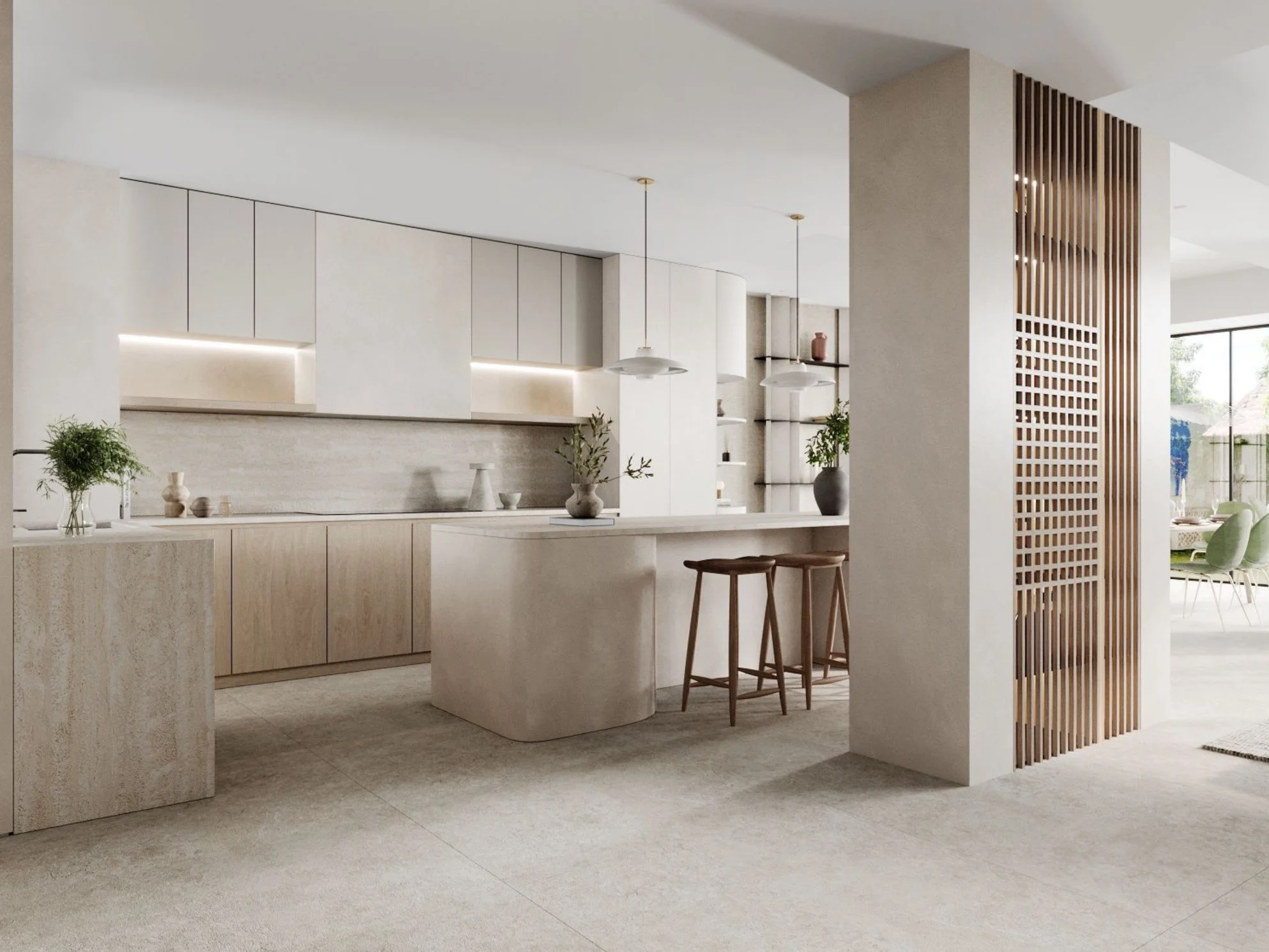 Modern open-plan kitchen and dining area with minimalist design, featuring beige flooring, white walls, and wooden accents. There are pendant lights hanging over a kitchen island, which has stools at the counter. The space is decorated with potted plants and vases, with large windows allowing natural light to fill the room.
